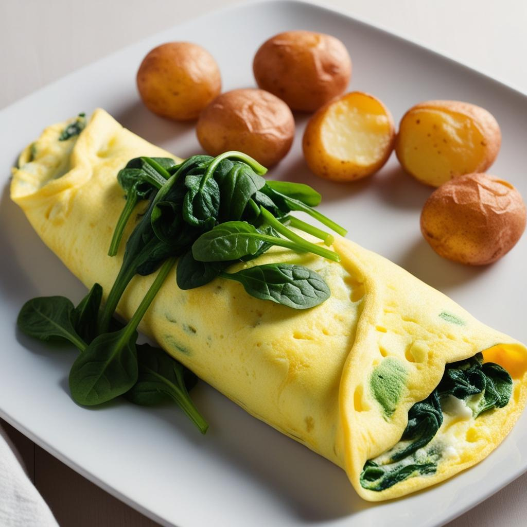 Fresh spinach omelette with breakfast potatoes