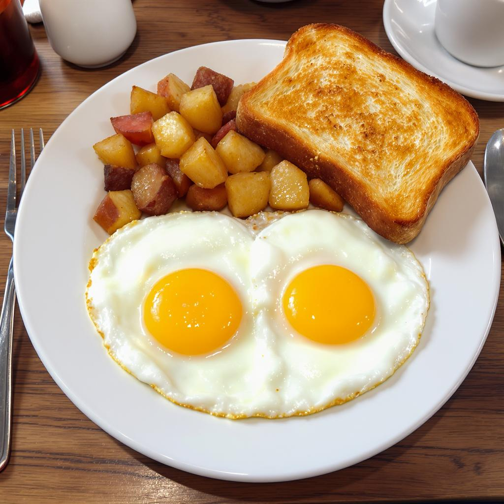 Two eggs any style with breakfast potatoes